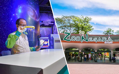 Petrosains Discovery Center exhibit and Zoo Negara entrance in Malaysia.