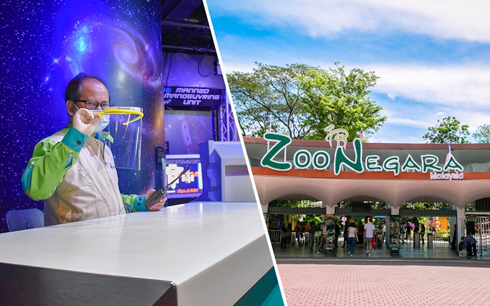 Petrosains Discovery Center exhibit and Zoo Negara entrance in Malaysia.