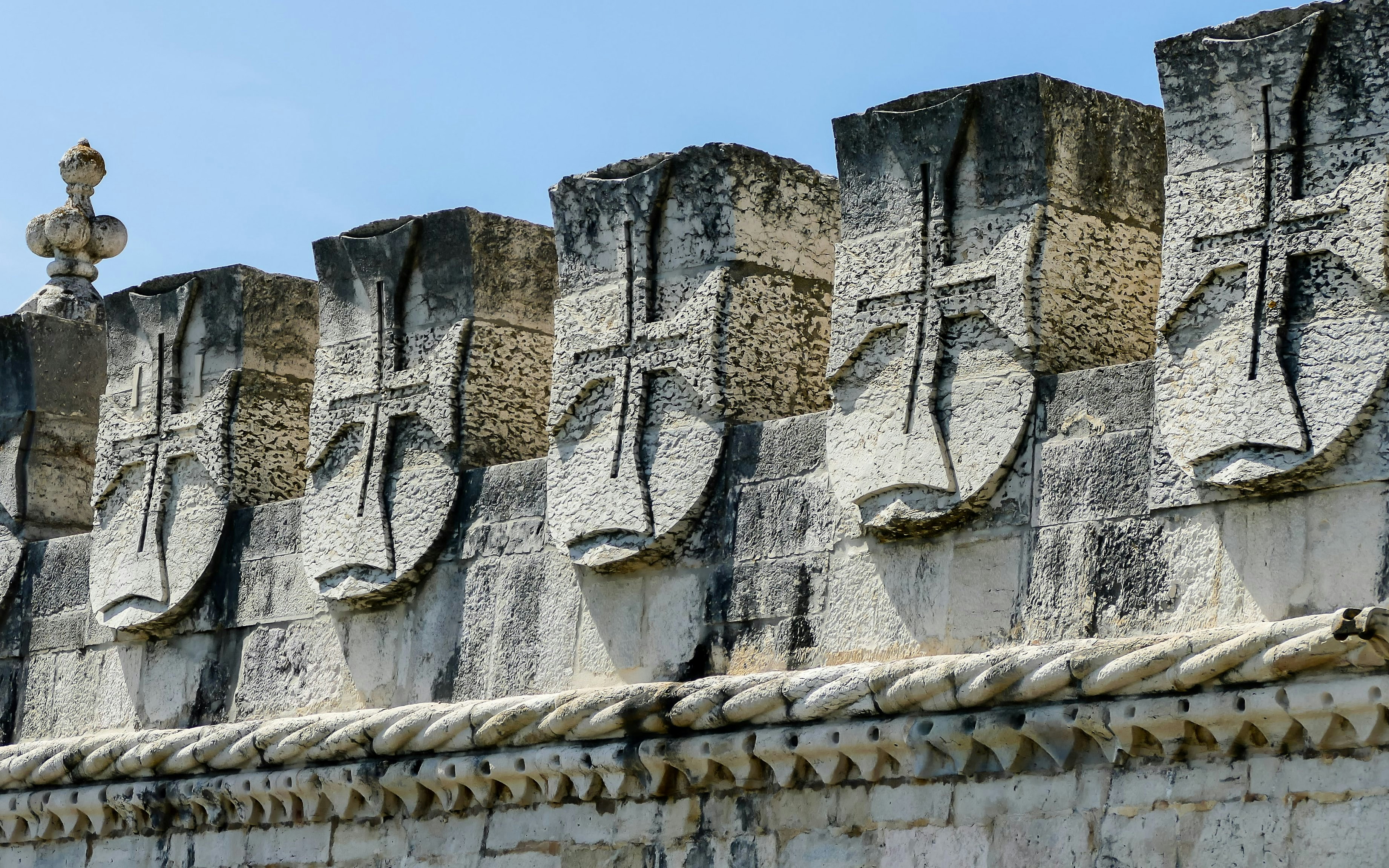 Belem Tower stone carvings with Manueline rope details in Lisbon, Portugal.