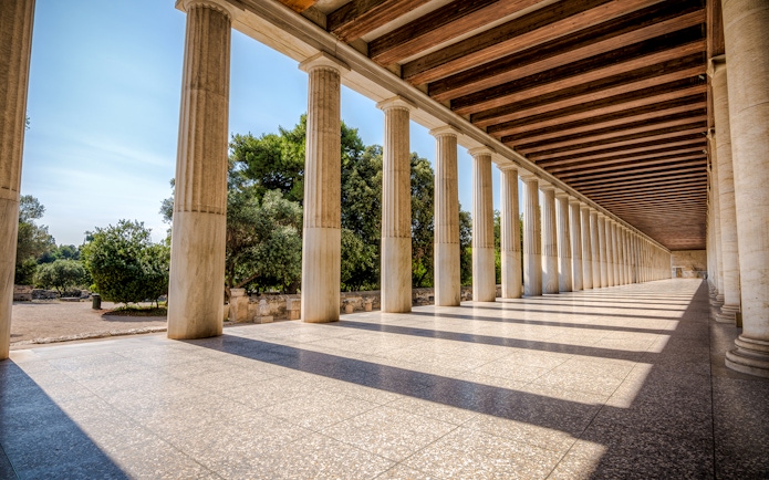 Columns at the Stoa of Attalos in the ancient Agora, Athens, Greece.