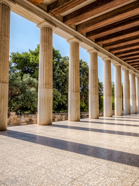 Columns at the Stoa of Attalos in the ancient Agora, Athens, Greece.