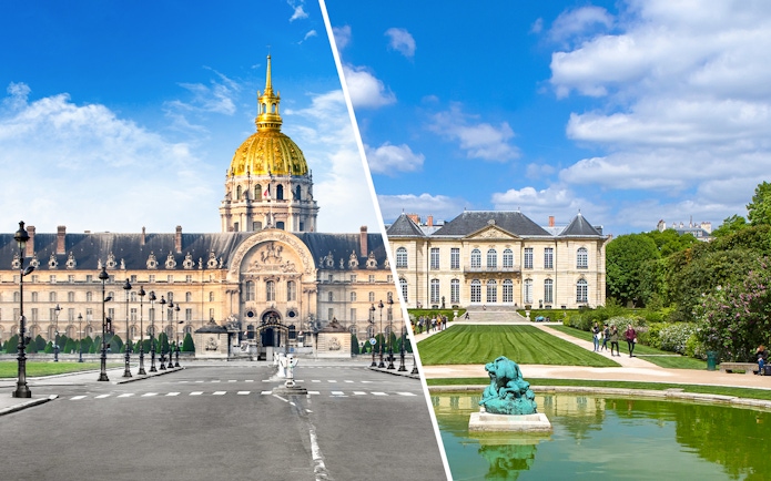 Invalides with Napoleon's Tomb and Army Museum on left, Rodin Museum gardens on right, Paris.
