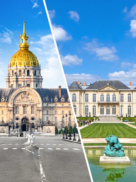 Invalides with Napoleon's Tomb and Army Museum on left, Rodin Museum gardens on right, Paris.