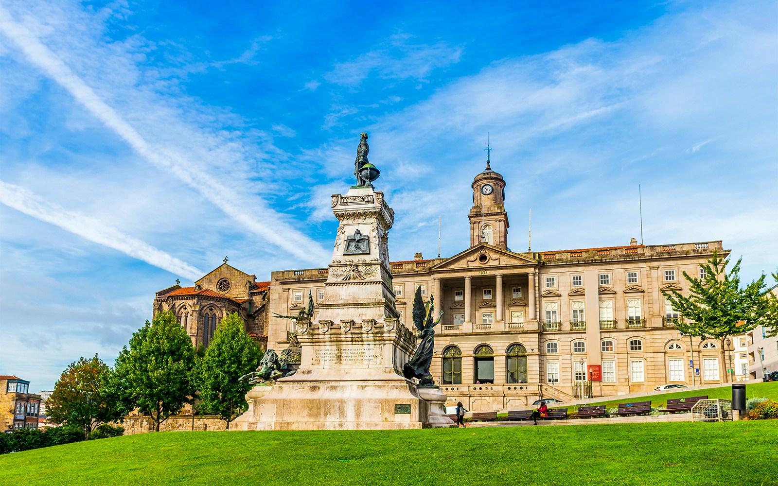 Porto Stock Exchange Palace with hop-on hop-off bus in foreground, Porto, Portugal.