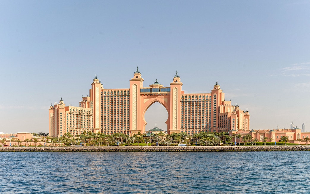 Atlantis The Palm hotel viewed from the sea during a Dubai Harbour yacht cruise.