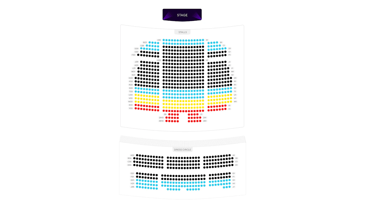 Seating chart for theater stalls and dress circle with color-coded sections.