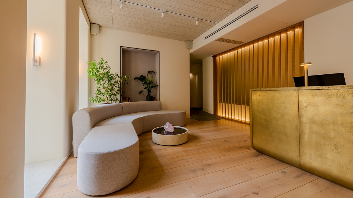 Modern luxury hotel reception with curved seating, plants, and a gold-toned front desk.