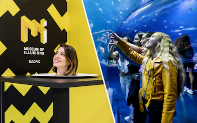 Museum of Illusions Madrid exhibit and visitors at Atlantis Aquarium Madrid.