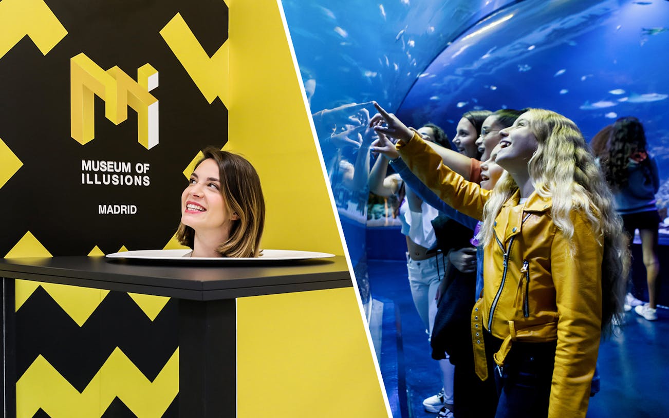 Museum of Illusions Madrid exhibit and visitors at Atlantis Aquarium Madrid.