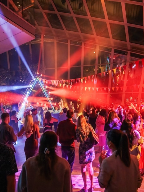 Crowd enjoying live music and lights at Sky Garden London event.