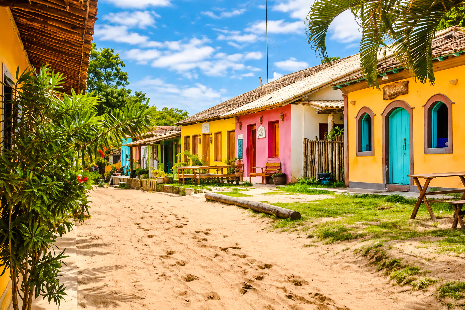 Colorful houses along a sandy street in Caraíva, Porto Seguro, Brazil.