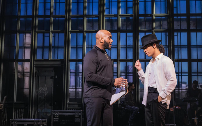 Actors rehearsing for MJ the Musical on Broadway stage.