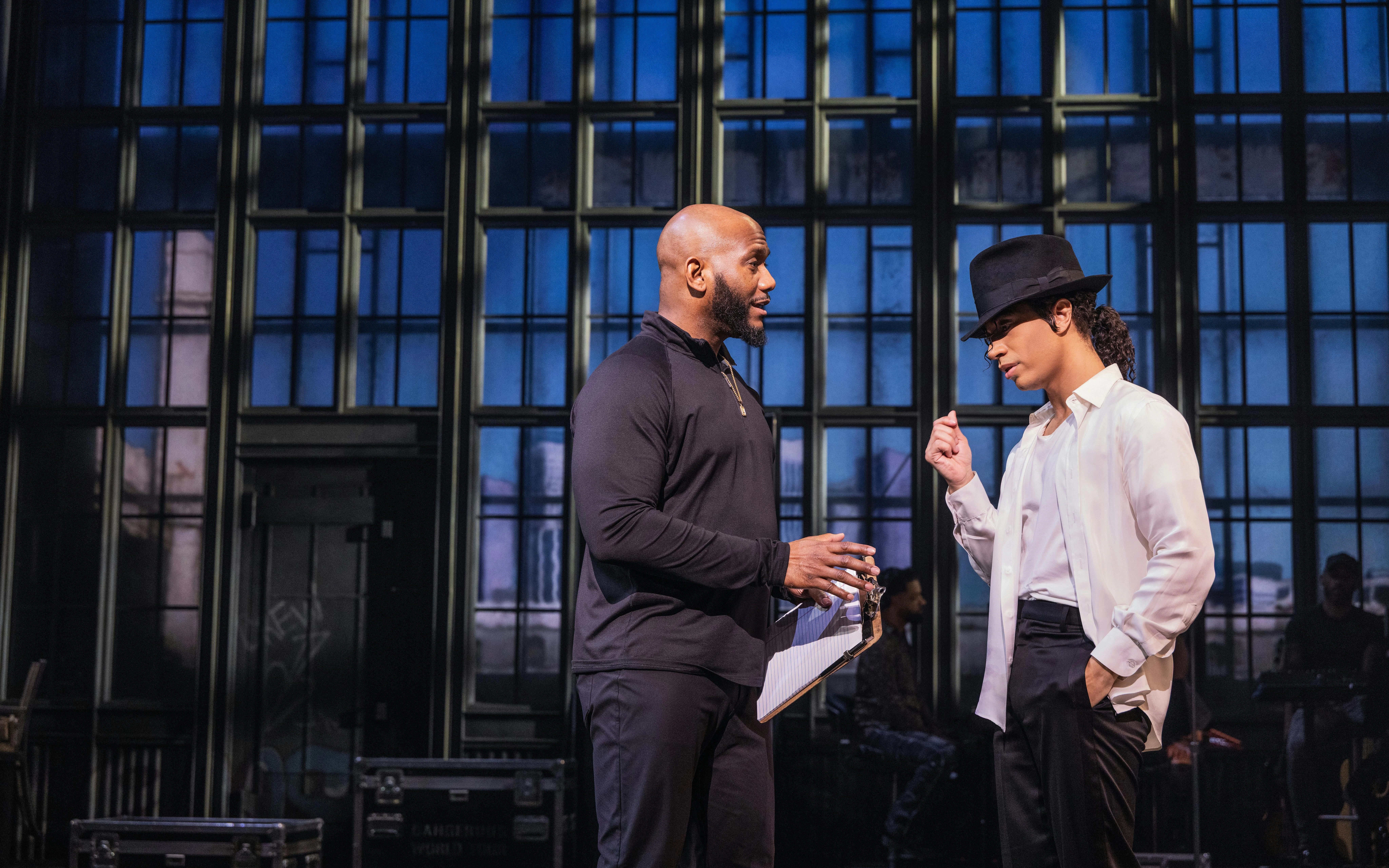 Actors rehearsing for MJ the Musical on Broadway stage.