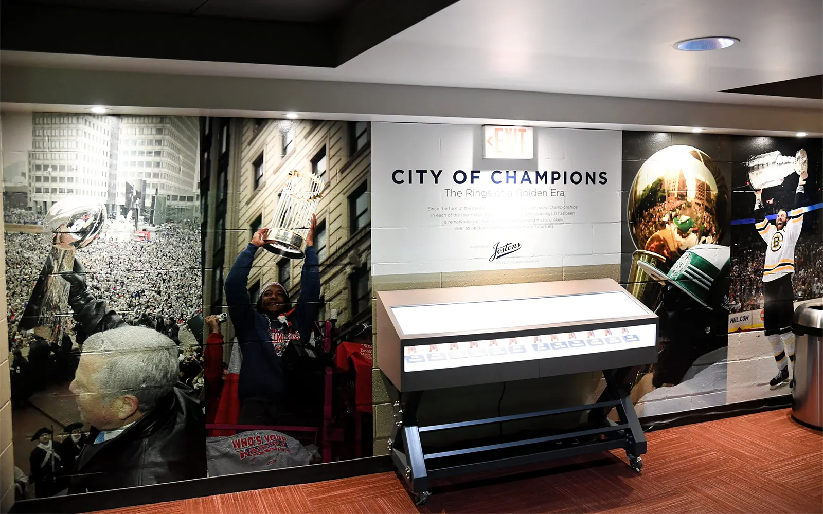 Exhibits of Boston sports championships at The Sports Museum.