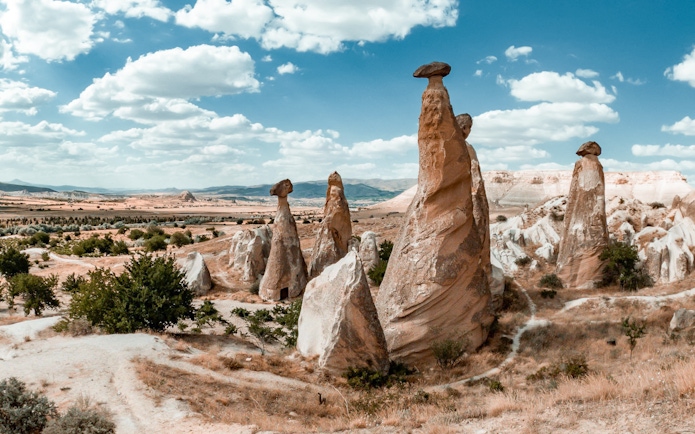 Fairy chimneys in Cappadocia under a blue sky, part of the Red Tour experience.