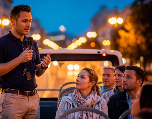 Tour guide speaking to tourists on a hop-on hop-off bus at night.