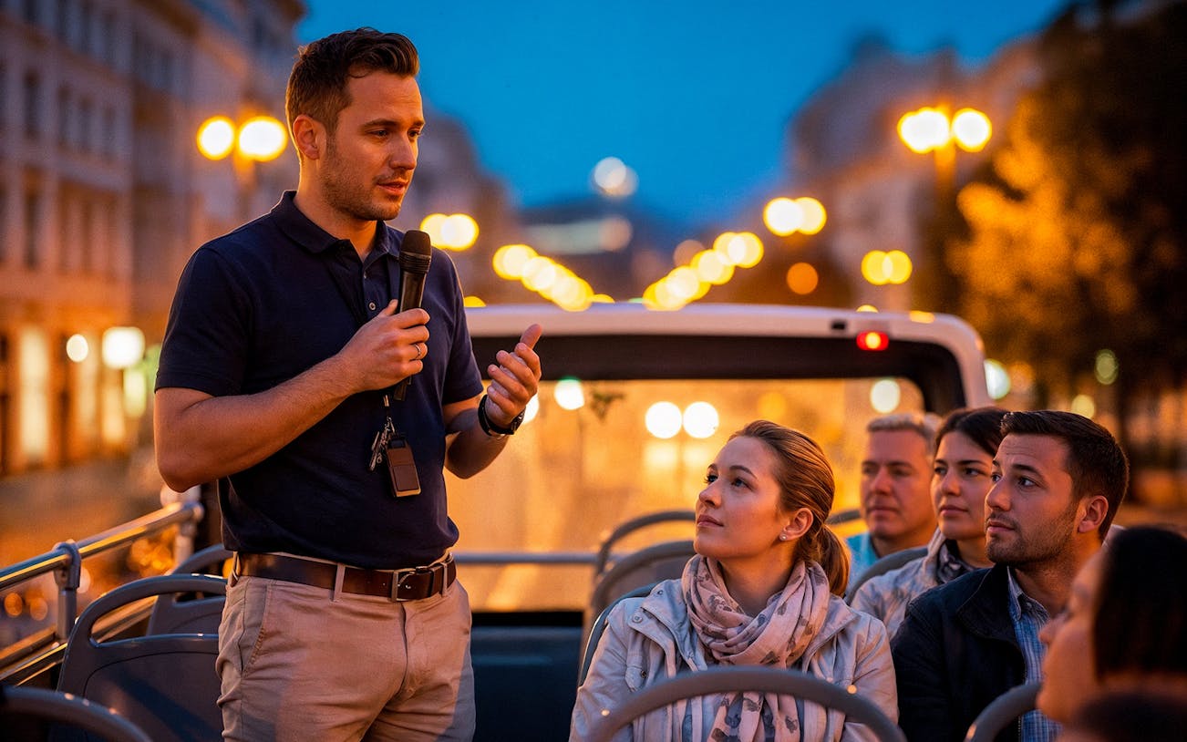 Tour guide speaking to tourists on a hop-on hop-off bus at night.