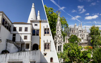 Sintra National Palace and Quinta da Regaleira in Sintra, Portugal, under a clear blue sky.