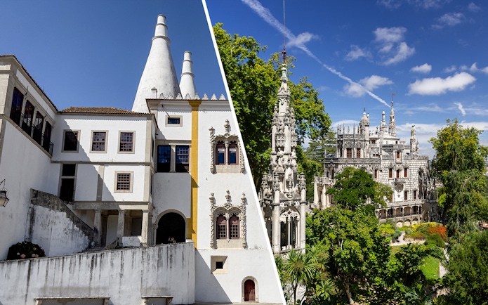 Sintra National Palace and Quinta da Regaleira in Sintra, Portugal, under a clear blue sky.