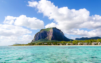 Le Morne Brabant mountain with turquoise ocean in Mauritius.