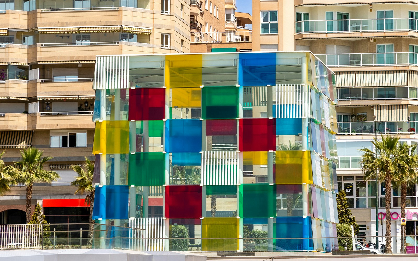 Centre Pompidou Málaga exterior with colorful glass cube in Málaga, Spain.