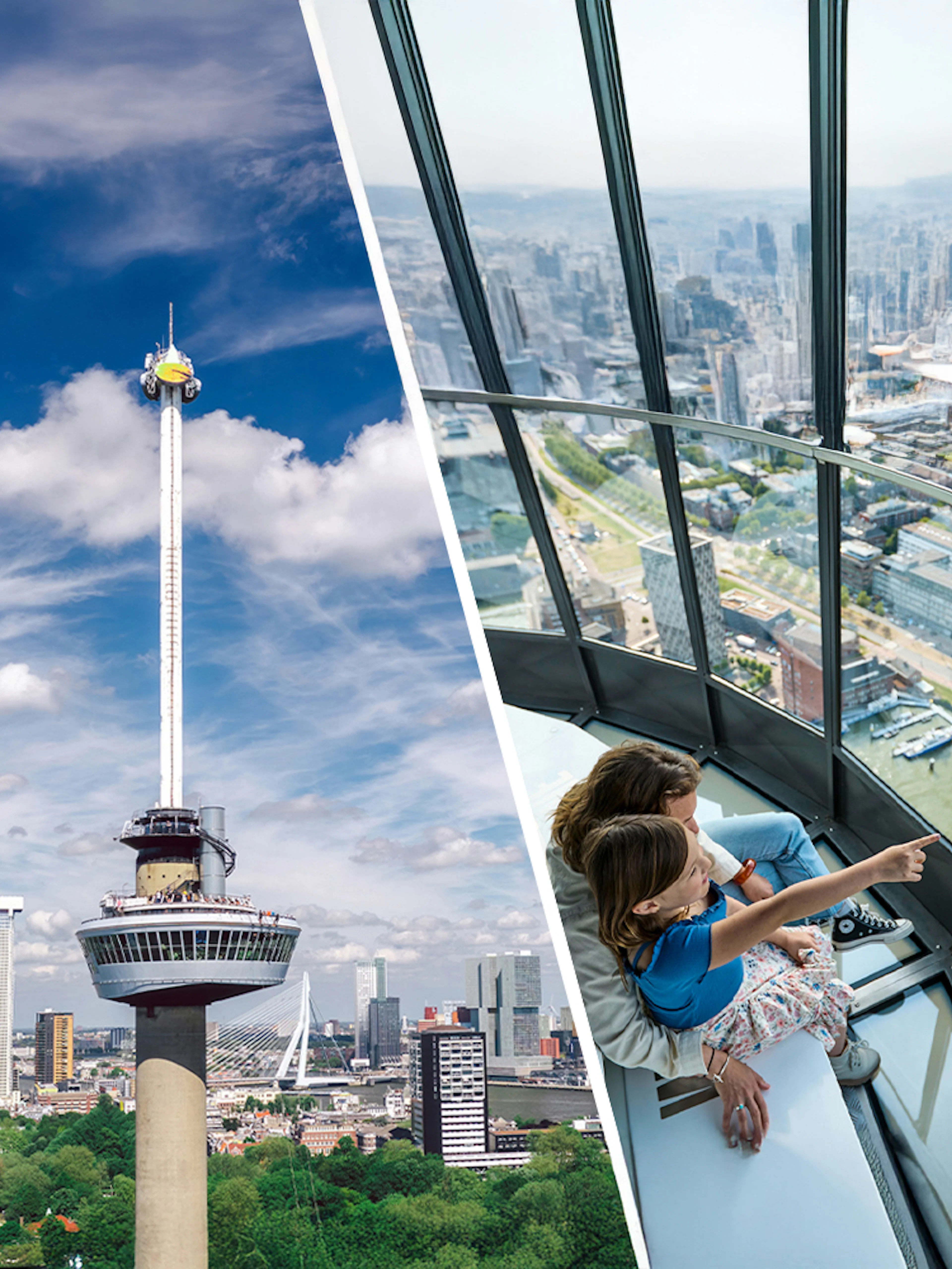Euromast tower with Rotterdam skyline and visitors enjoying the view, Netherlands.