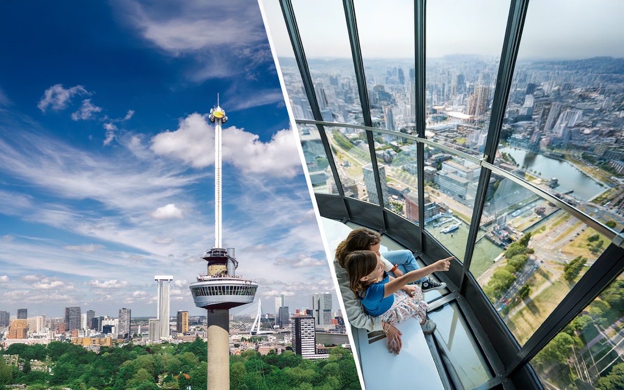 Euromast tower with Rotterdam skyline and visitors enjoying the view, Netherlands.