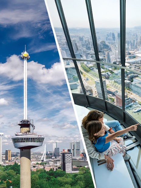 Euromast tower with Rotterdam skyline and visitors enjoying the view, Netherlands.