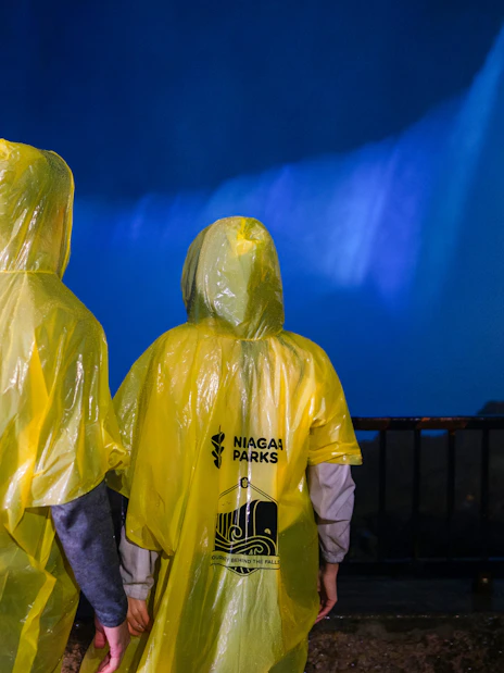 Visitors in yellow ponchos view Niagara Falls illuminated at night.