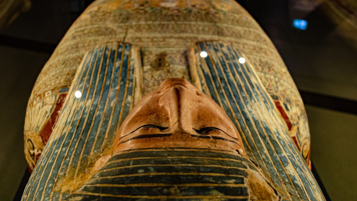 Exterior view of the Egyptian Museum in Cairo, showcasing its grand architecture.