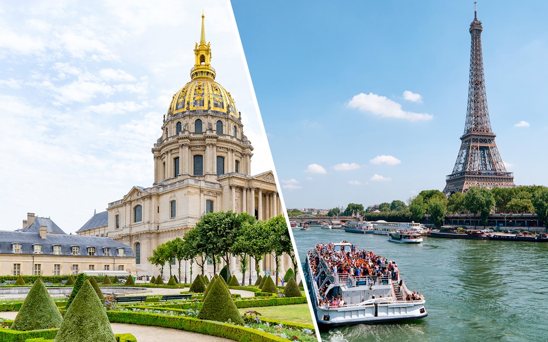 Invalides dome and Seine River cruise near Eiffel Tower, Paris.