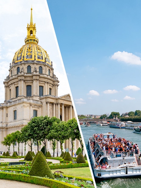 Invalides dome and Seine River cruise near Eiffel Tower, Paris.