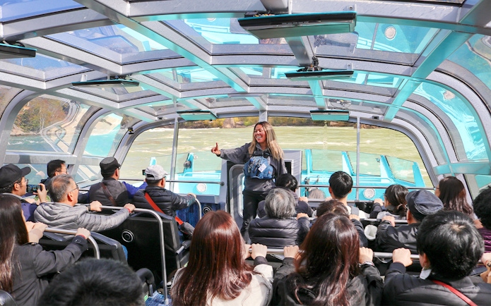 Guests enjoying the Freedom jet boat tour on the Niagara River Gorge, Canada.
