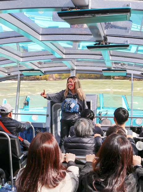 Guests enjoying the Freedom jet boat tour on the Niagara River Gorge, Canada.