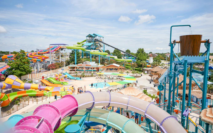 Water slides and splash area at Splash Island, Hurricane Harbour Arlington.