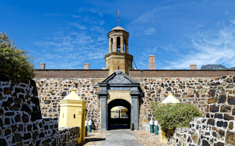 Castle of Good Hope entrance with stone walls and central bell tower in Cape Town.