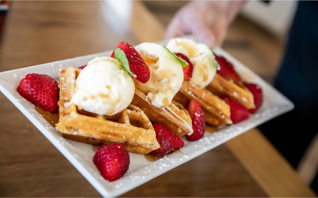 Waffles with ice cream and strawberries at Rusty Rails Cafe, Mary Valley Rattler Train.