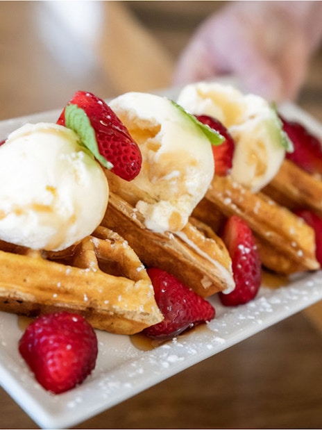 Waffles with ice cream and strawberries at Rusty Rails Cafe, Mary Valley Rattler Train.