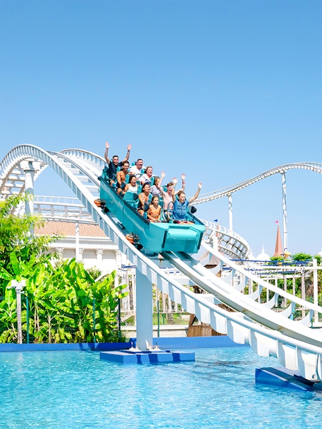 Roller coaster descending into water at Land of Legends Themepark, Turkey.