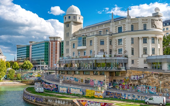 Urania Observatory in Vienna with its dome and surrounding architecture.