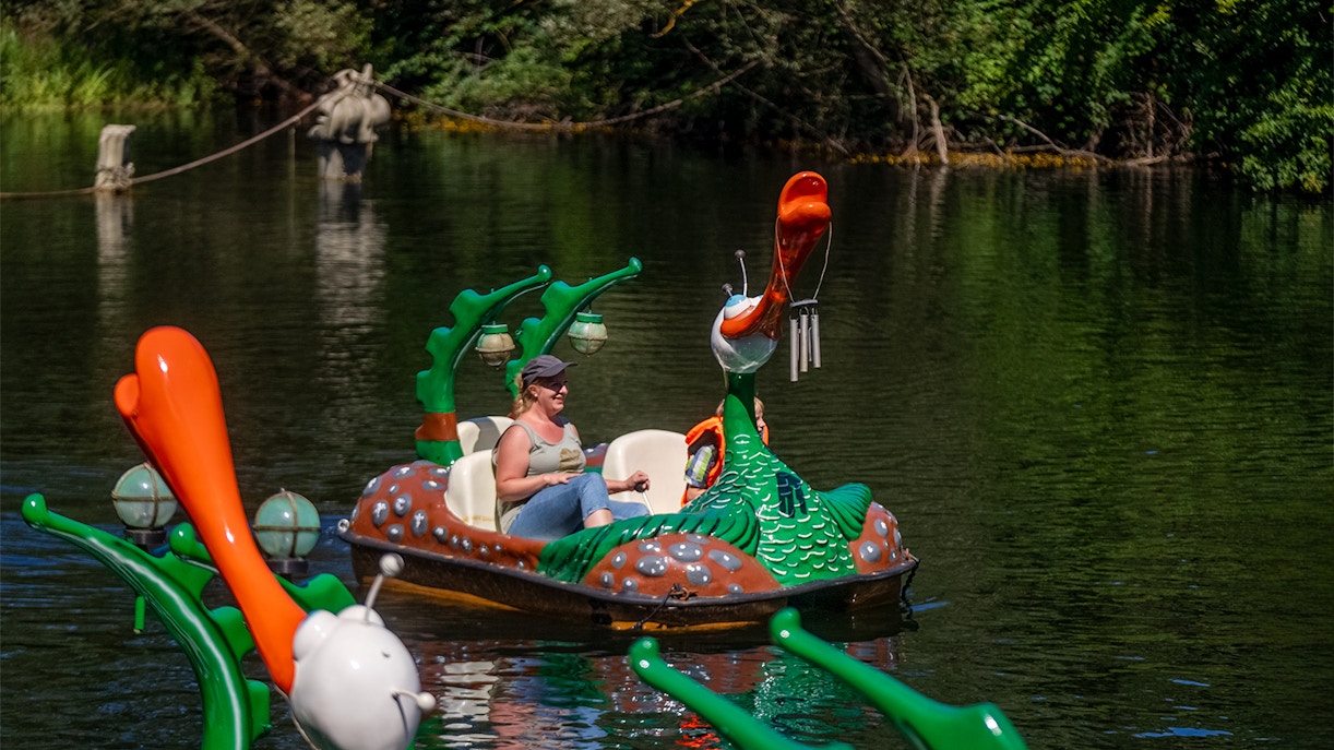 Wözl‘s Wassertreter Pedalos ride at Fantasy Theme Park with visitors enjoying the water activity on a sunny day