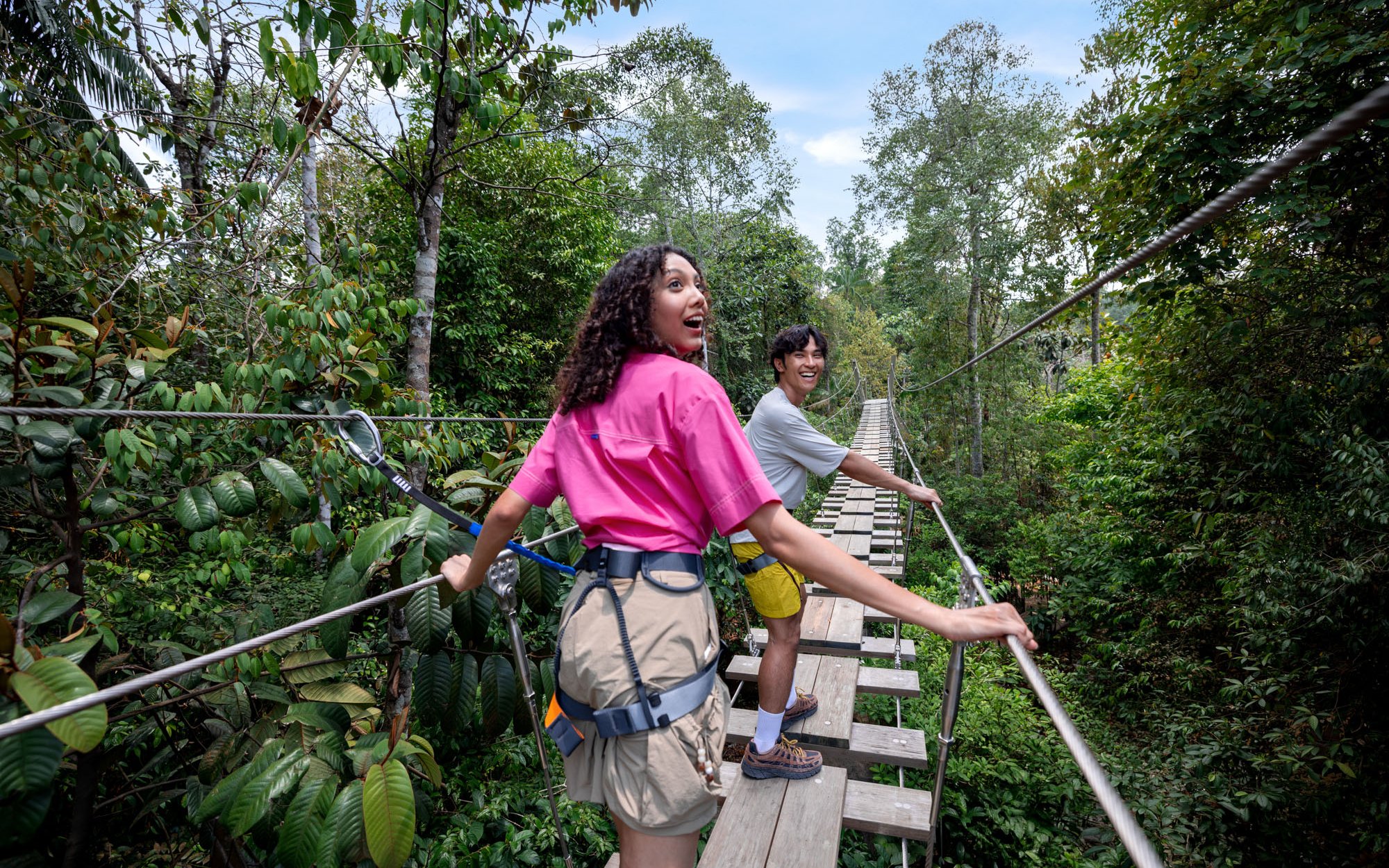 Visitors crossing a suspension bridge at Treetop Traverse, Rainforest Wild Adventure.