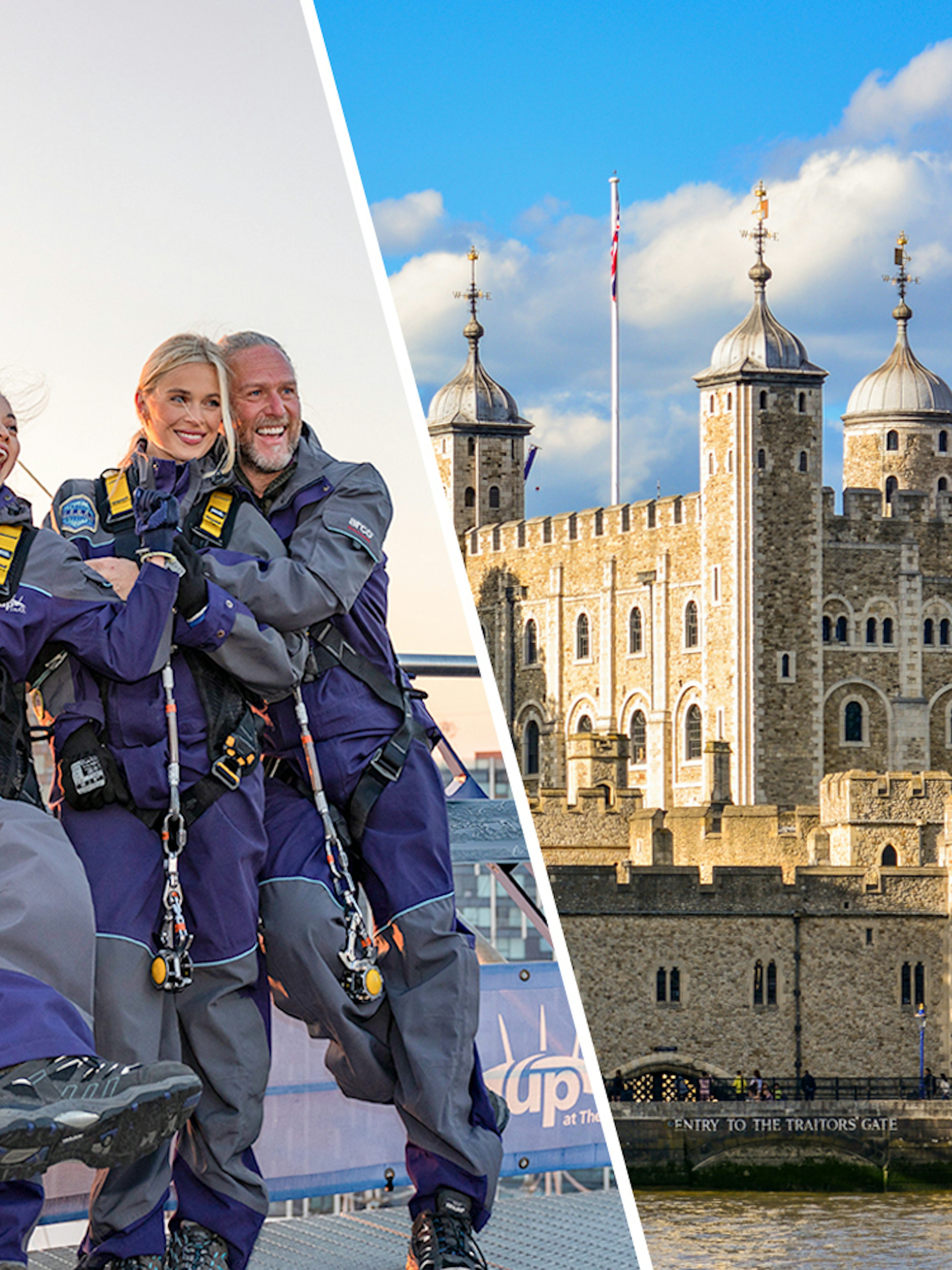 Group climbing the O2 arena roof and view of the Tower of London with Crown Jewels access.