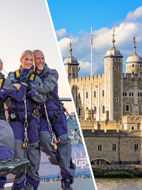 Group climbing the O2 arena roof and view of the Tower of London with Crown Jewels access.