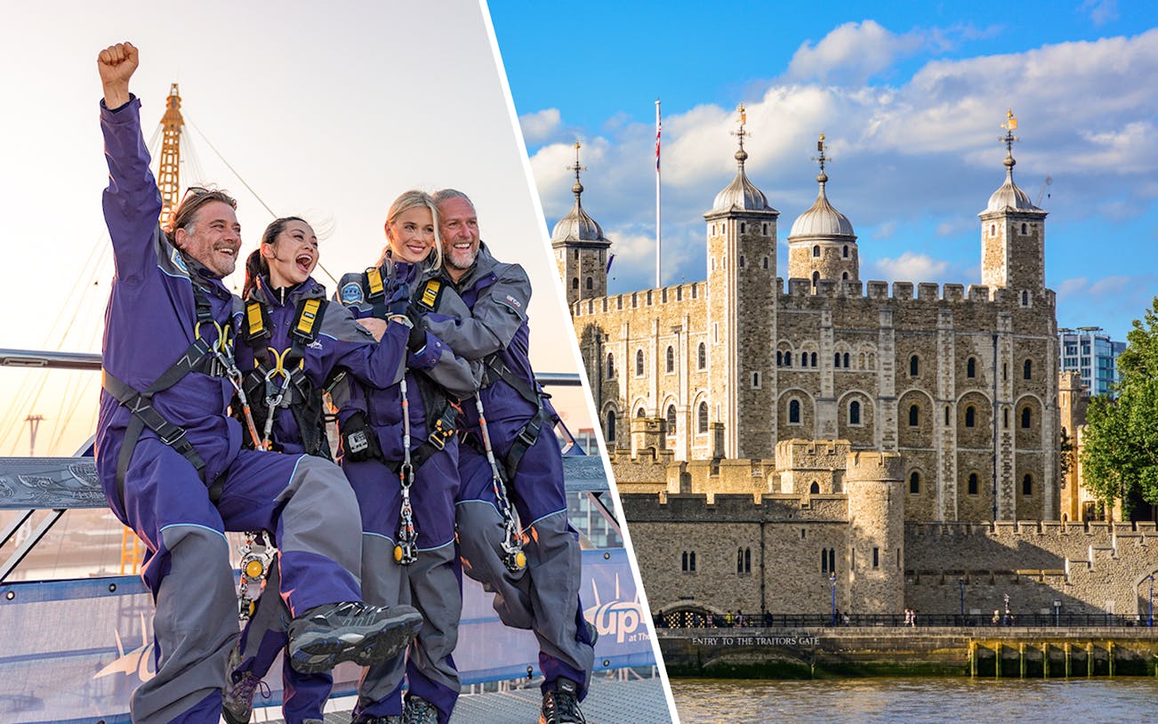 Group climbing the O2 arena roof and view of the Tower of London with Crown Jewels access.