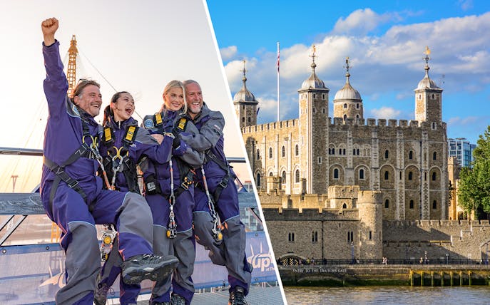 Group climbing the O2 arena roof and view of the Tower of London with Crown Jewels access.