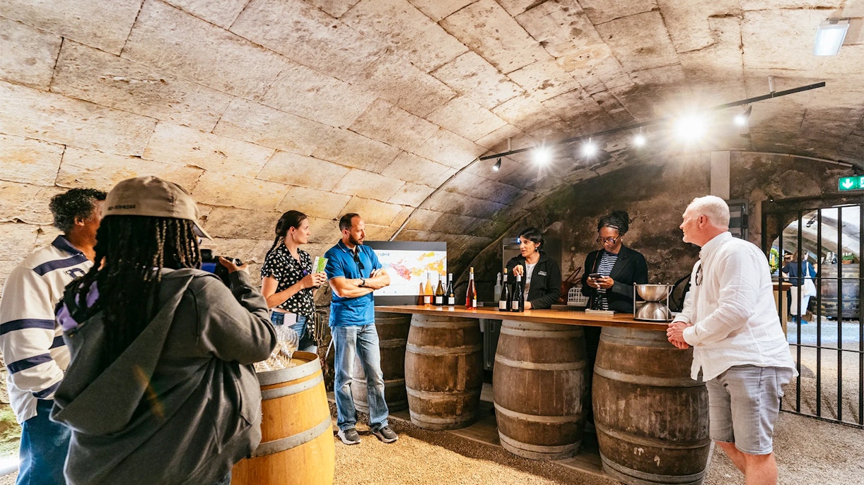 Wine tasting in a Loire Valley castle cellar with a group of people.