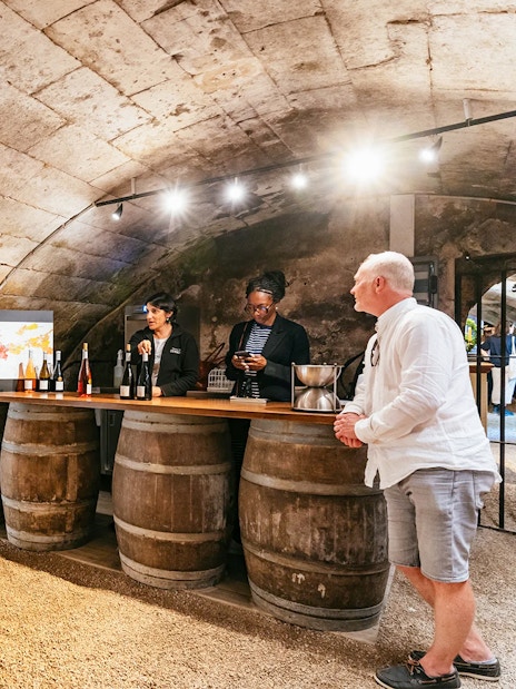 Wine tasting in a Loire Valley castle cellar with a group of people.