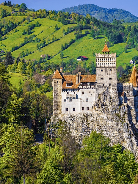 Bran Castle exterior surrounded by lush green hills in Transylvania, Romania.