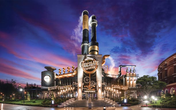 Chocolate Emporium exterior with whimsical architecture at Universal Studios Resort, Orlando, Florida.